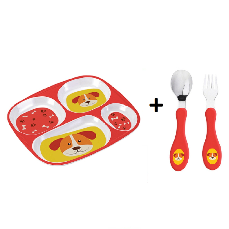 Kit Prato Raso Com 4 Divisória + Kit Talher Colher E Garfo Alimentação Infantil Bebe