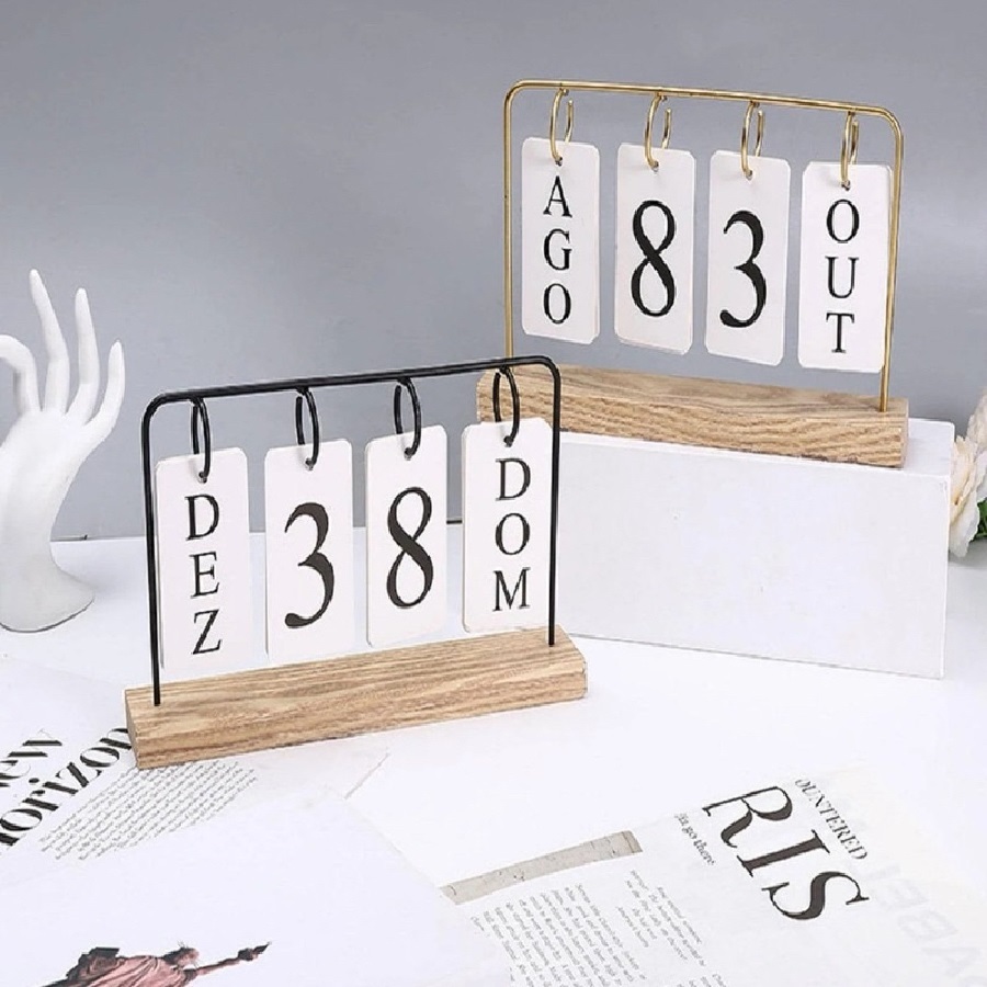 Calendário De Mesa Decorativo Com Plaquinhas Rose Dourado Preto Permanente Escritório Util E Simples