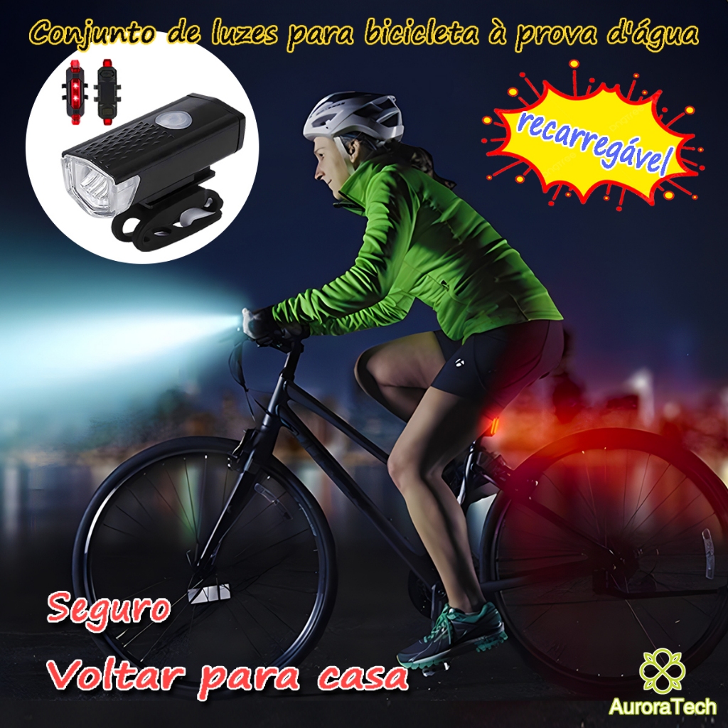 Kit Lanterna Bicicleta Usb Recarregável Farol E Sinalizador Traseiro À Prova D'água Led 360° Rorate