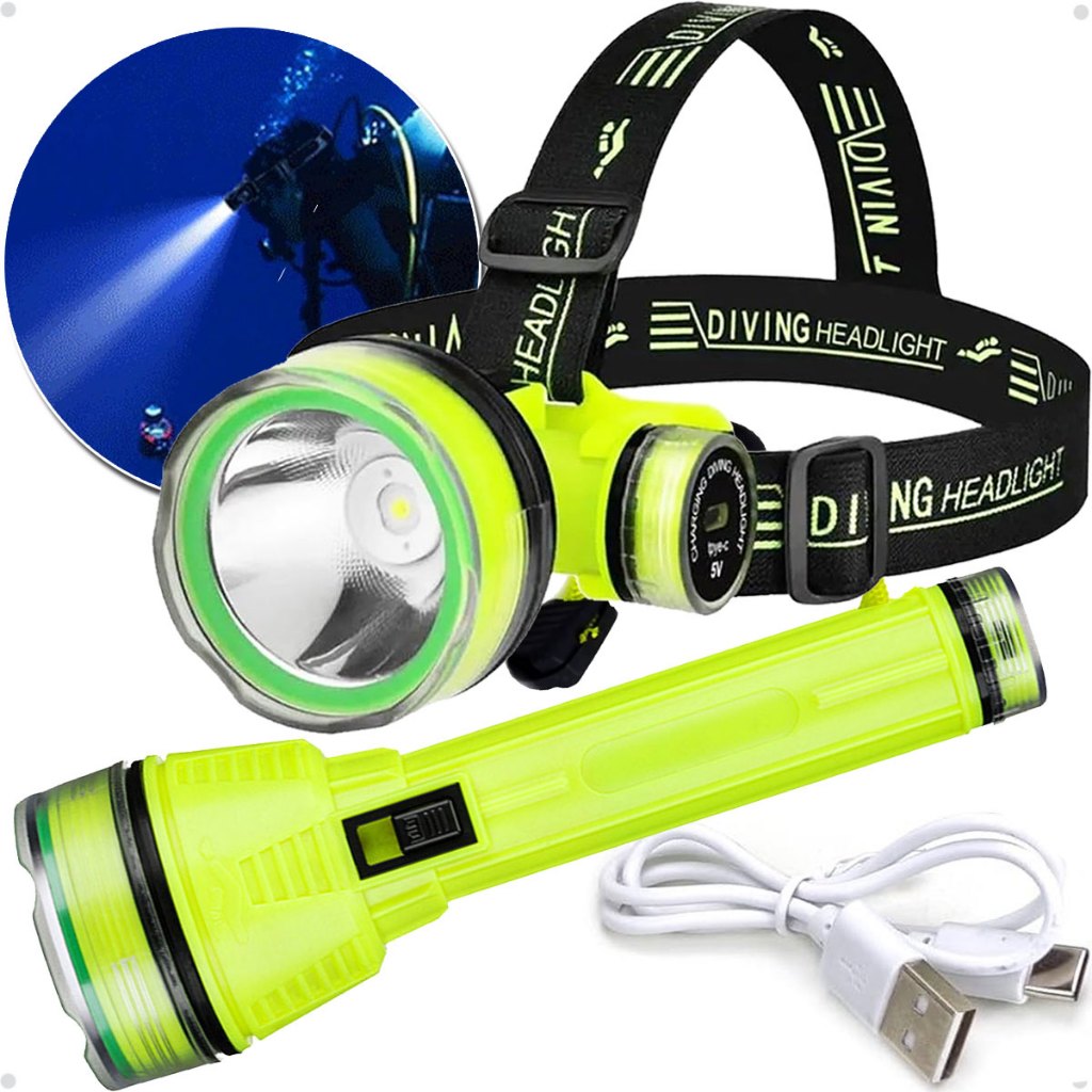 Kit 2 Lanterna Cabeça e Mão Mergulho Recarregável Profissional Led Prova D’água 30m