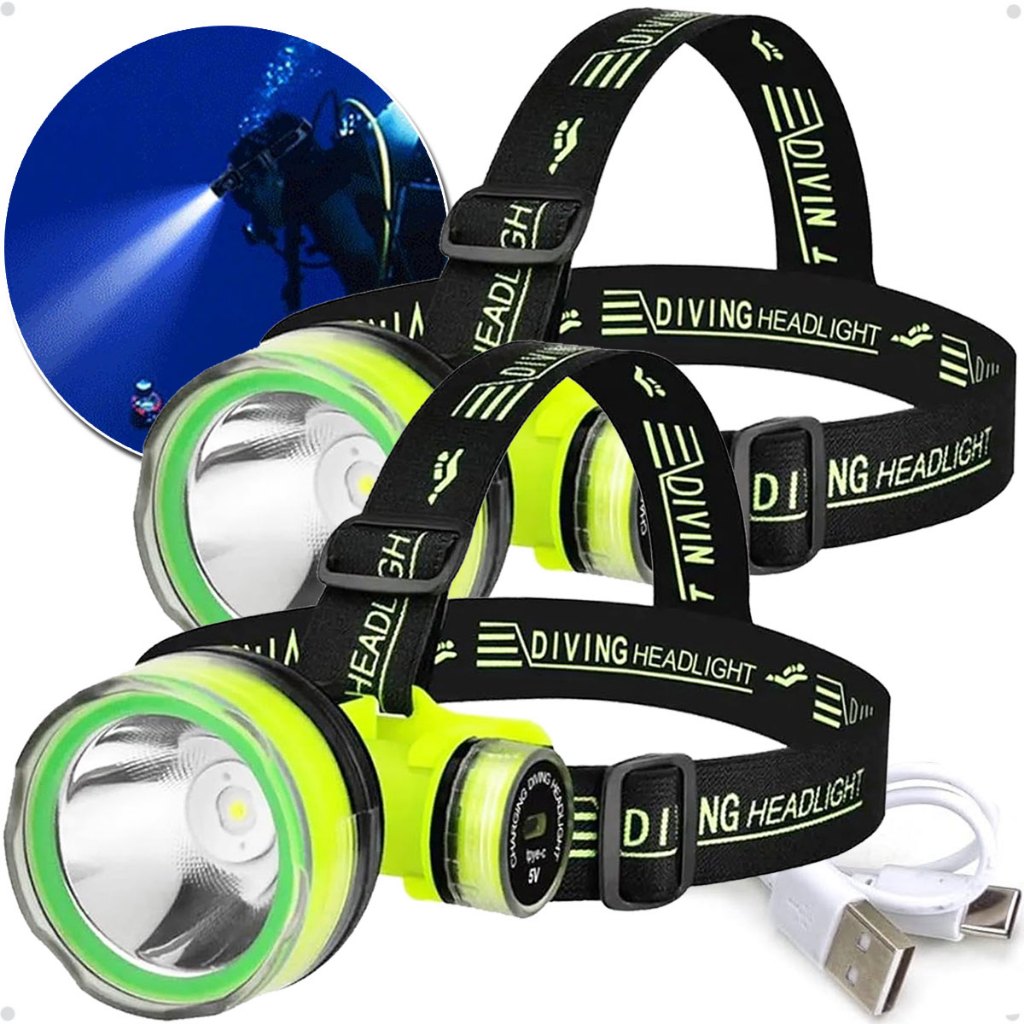 Kit 2 Lanterna De Cabeça Mergulho Profissional Led Prova D’água 30 Metros