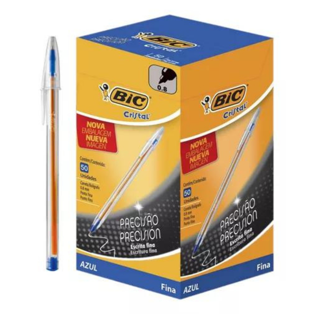 Caneta Bic Cristal Precisão 0.8mm Azul Caixa C/ 50 Cor Do Exterior Transparente BIC FINA 0.8 MM
