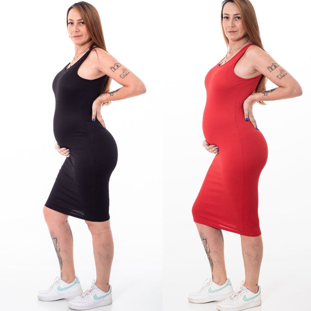 Vestido Regata Gestante Midi Gravida Maternidade Canelado Confortavel Social Casual