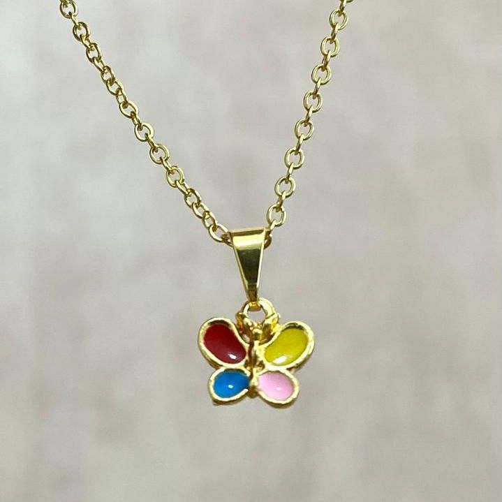  Colar Infantil Borboleta Colorida Delicada Banhado a Ouro 18k Alto Padrão