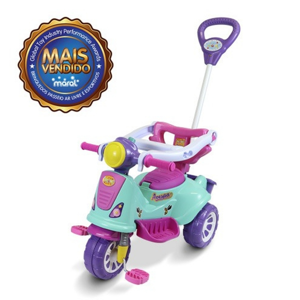 Carrinho De Passeio Triciclo Avespa Motoca com Pedal Apoio de Pé e Haste Empurrador.