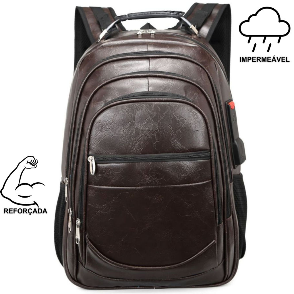 Bolsa Mochila de Couro Universitária Unissex Grande Reforçada Com Cabo de Aço Média e Grande Marrom