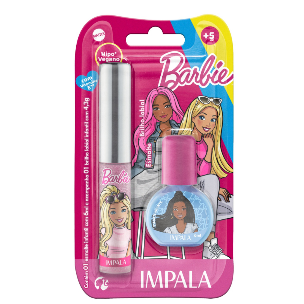 Kit de Esmalte + Brilho Labial Infantil Barbie Impala Hipoalergênico Presente Menina Lembrancinha