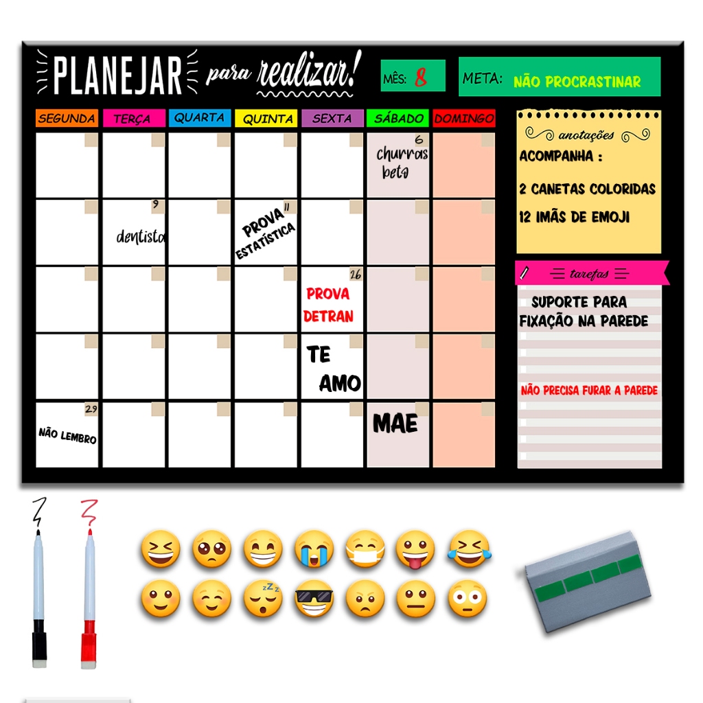 Quadro lousa Planejamento Mensal Planner 40x60 Metal