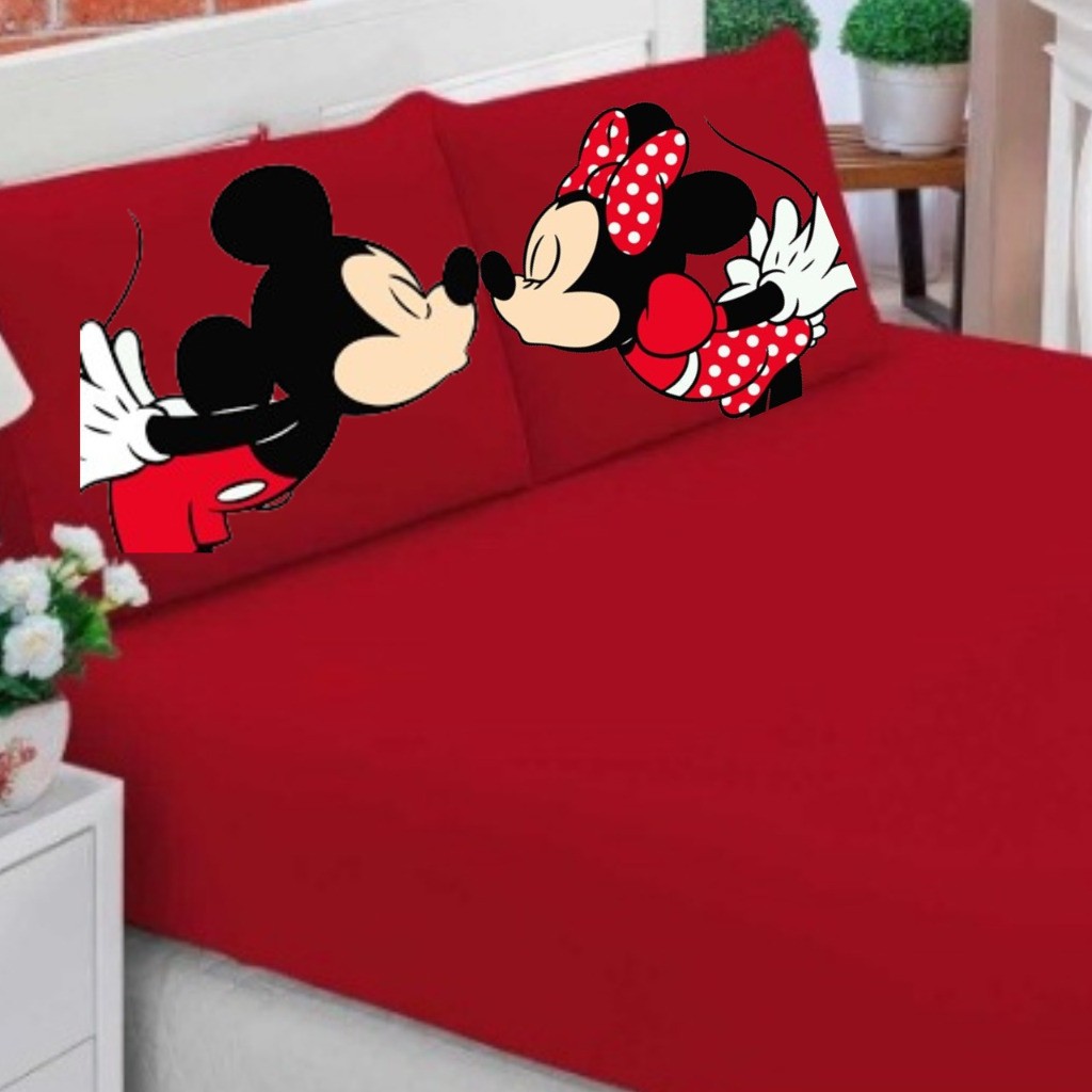 Jogo De Lençol Casal/Queen/King 3 Peças Tematico Diversos Ideal Para Cama Box - Poliester Mickey e Minnie Opções