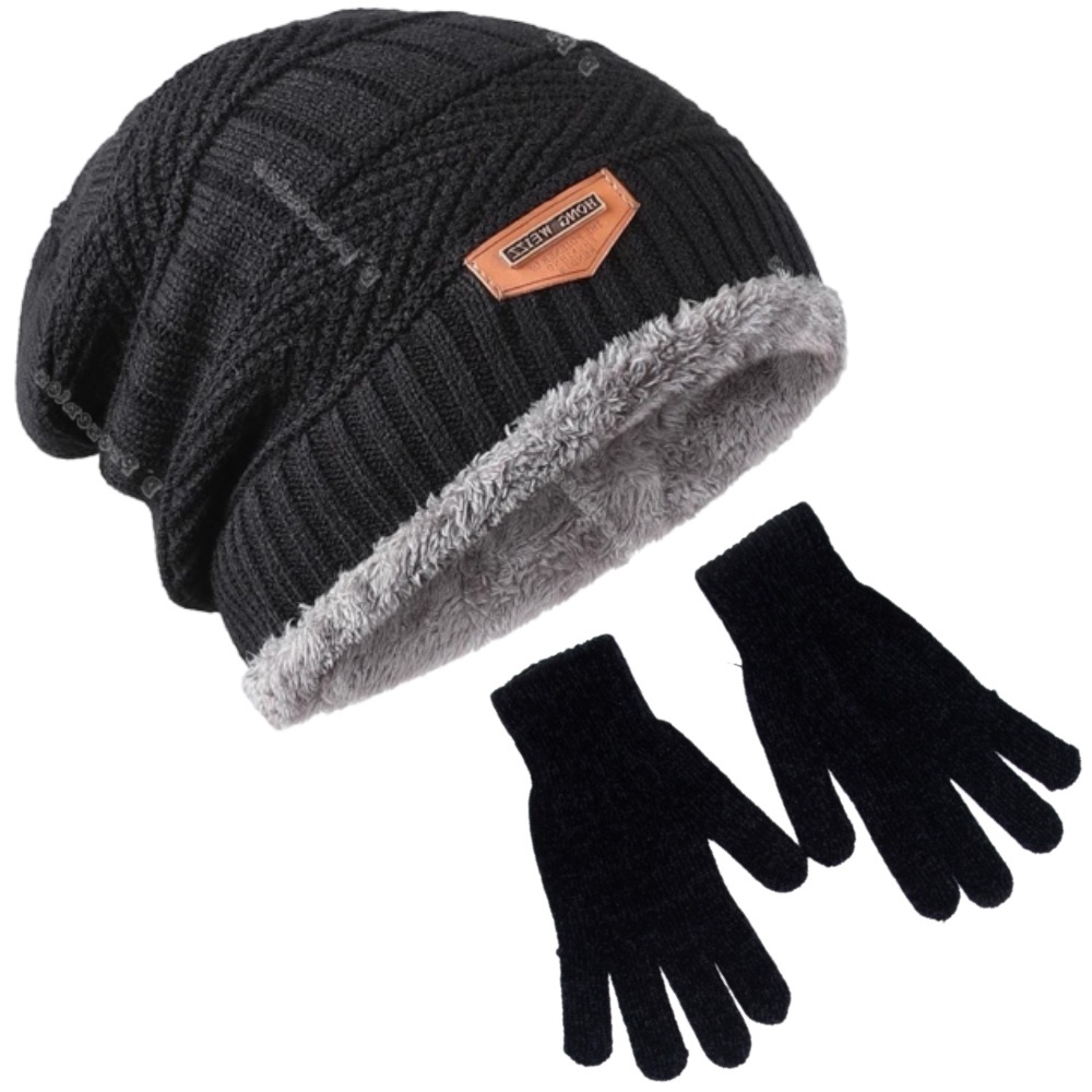 Kit Touca peluda + Luva Lã  Preta Para Feminina Masculino Kit Adulto perfeito para o Inverno