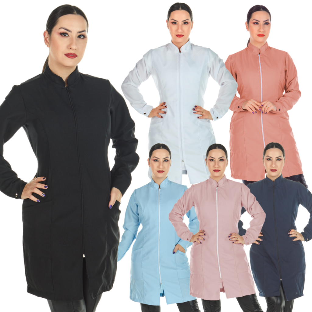 Jaleco Feminino Diversas Cores Oxford Com Ziper Gola Padre Manga Longa