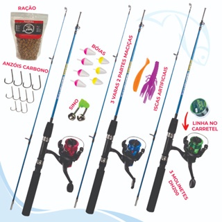 Kit Triplo De Pesca Completo 10kg C/ 3 Varas + 3 Molinetes + Itens