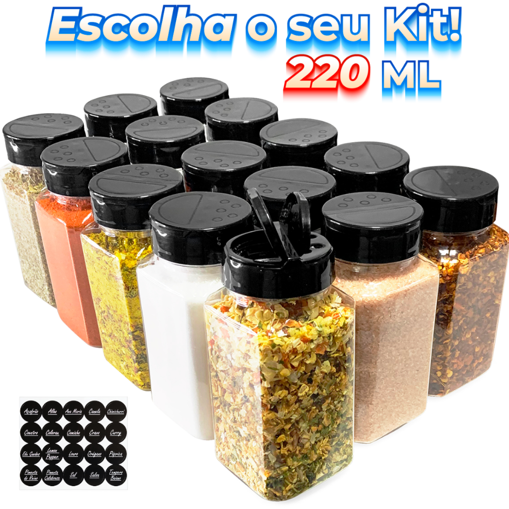 Pote Tempero Condimento Reforçado 220ml Tampa Dupla Sal Parrilha com Etiqueta - Escolha seu Kit