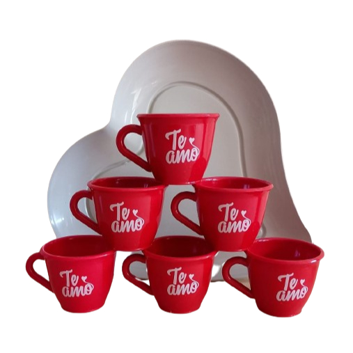 Kit Presente Te Amo 1 Prato Coração Refeição Plástico e 6 Xícaras Tradicionais Acrílico 50ml