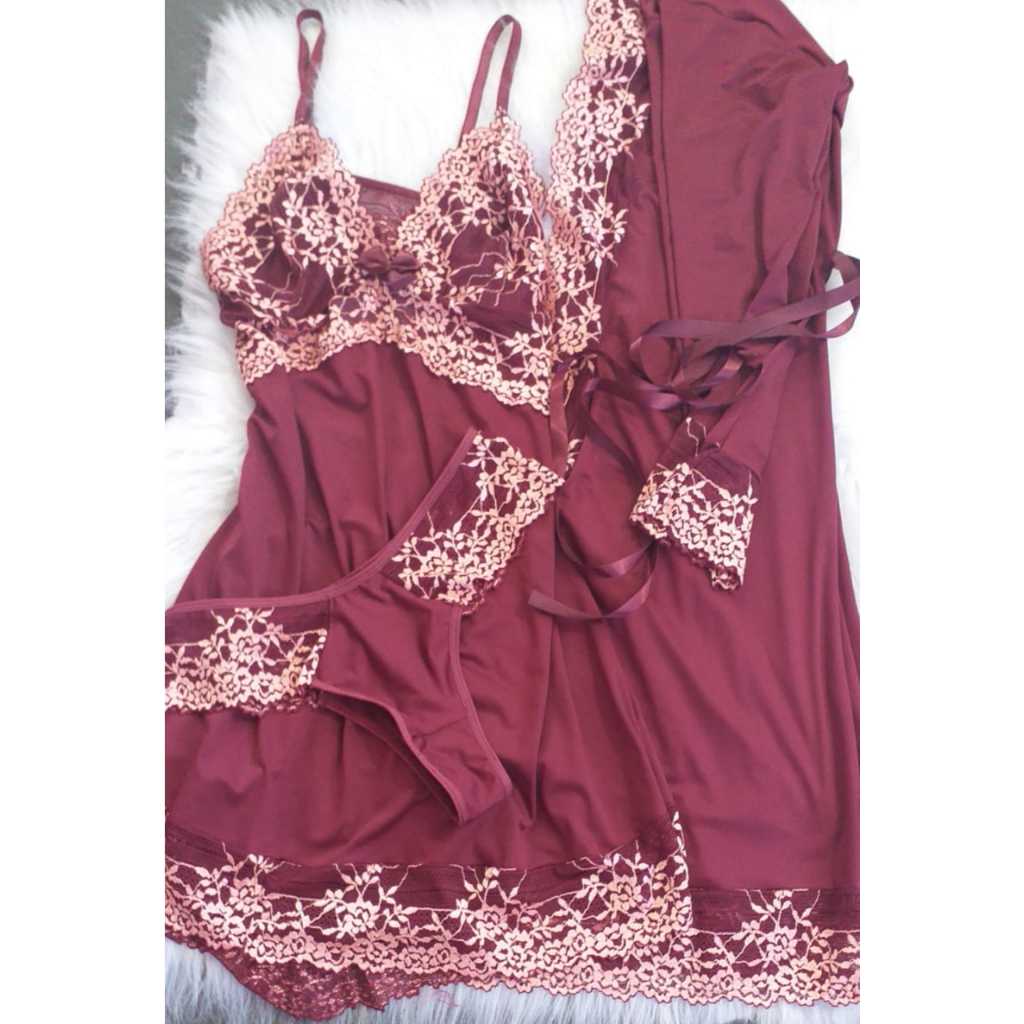 KIT 3 PEÇAS - Robe com Faixa e Manga Longa, Camisola e Calcinha