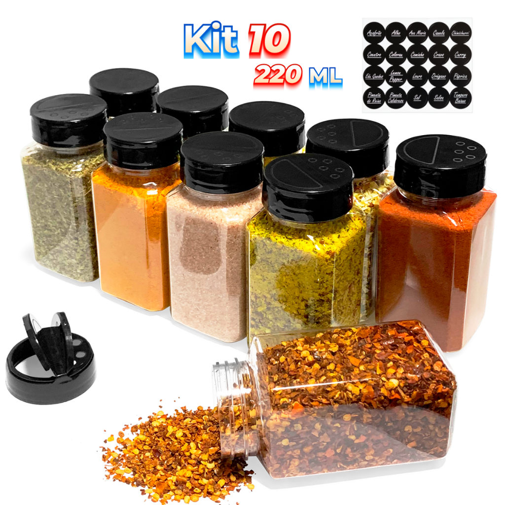 10 Potes Temperos Condimentos Sal Parrilha 220ml Tampa Dupla Reforçada com Etiquetas
