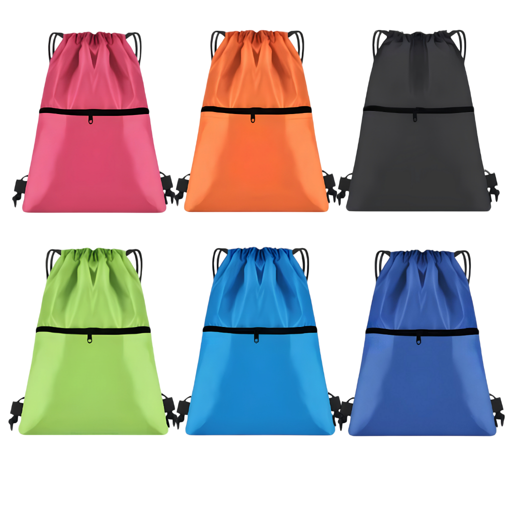 Saco Mochila Esportiva De Nylon Simples Com Bolso Zíper Cores