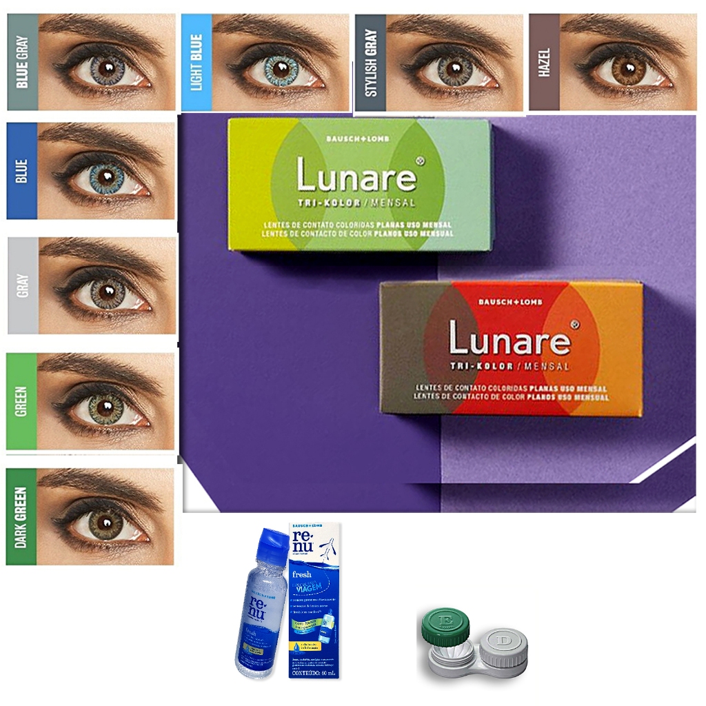 Lente De Contato Colorida Lunare Mensal Sem Grau + Renu 60ml