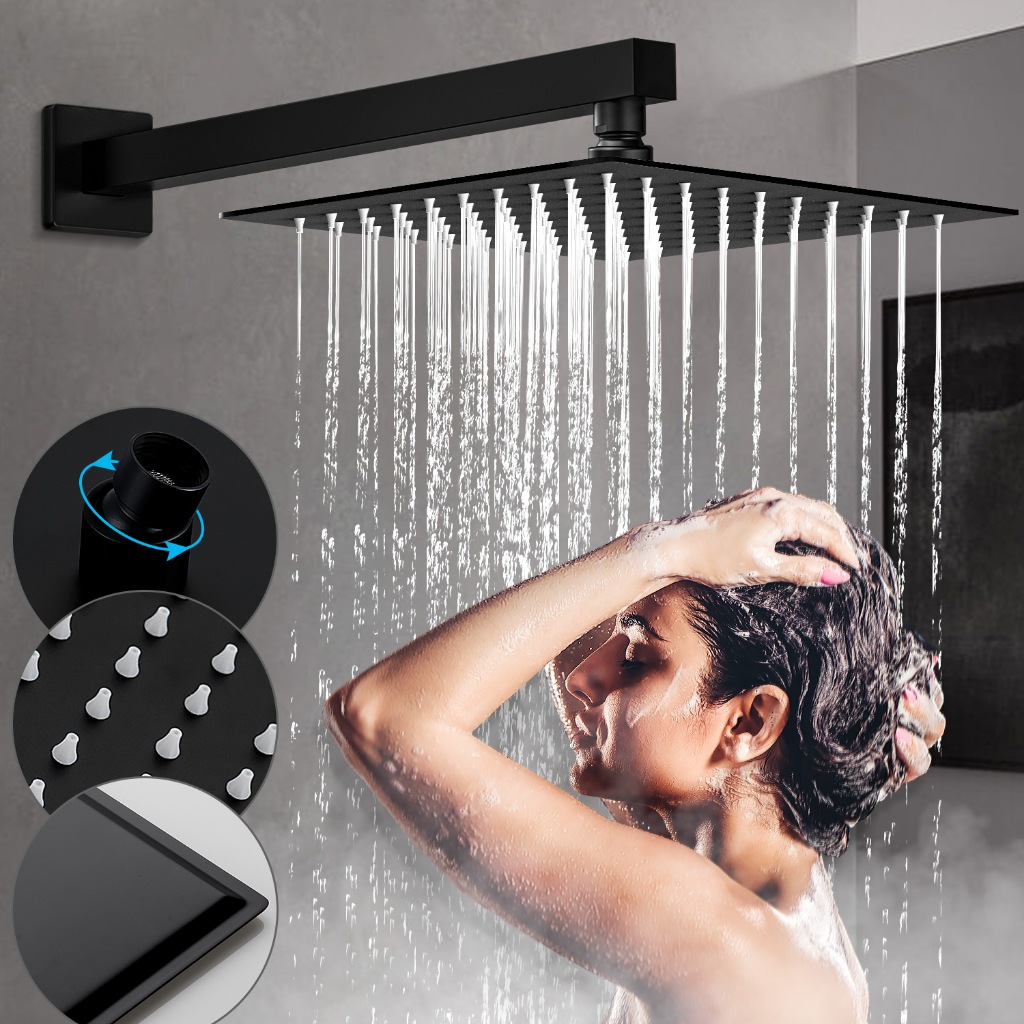 Ducha Chuveiro Quadrado Com Braço Inox 20x20cm Cor Preto Cromado Dourado