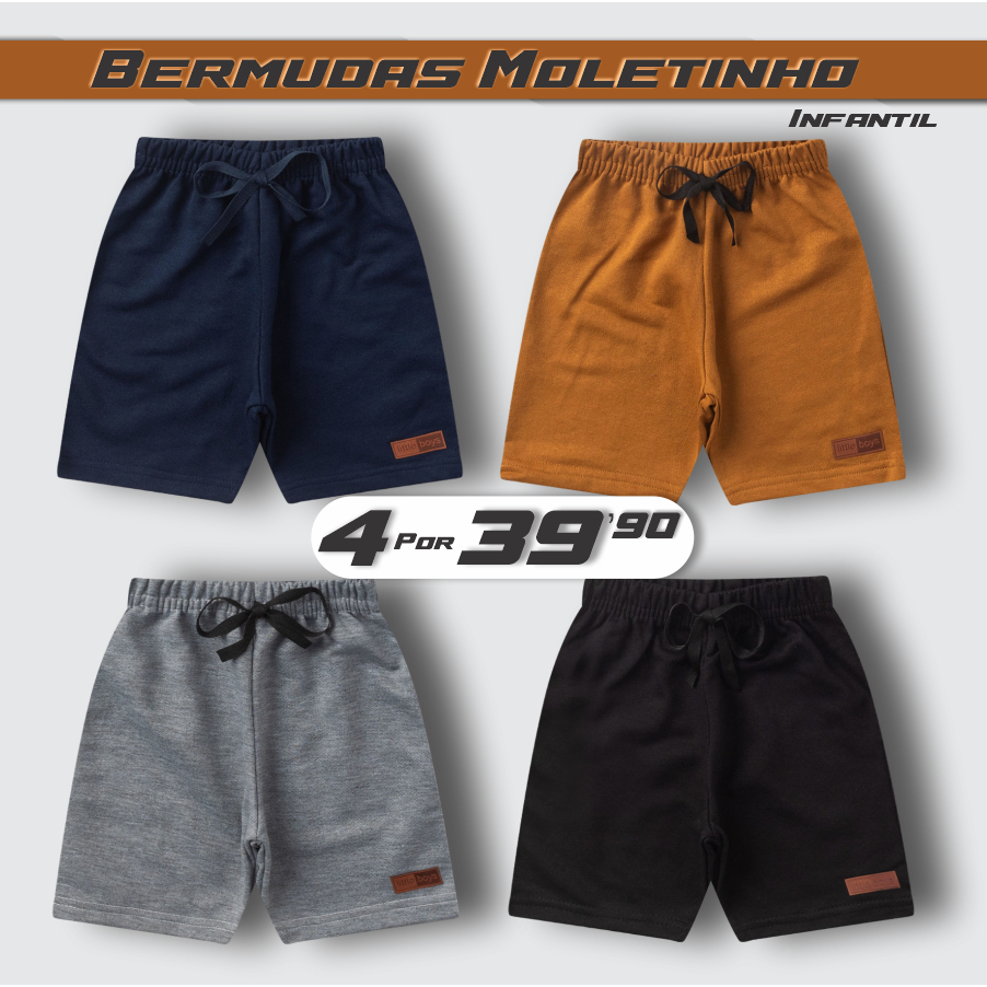 Kit C/ 4 Bermudas Para Menino Moletinho de Algodão Kit Sortido Com 4 Cores Variadas - Black Friday