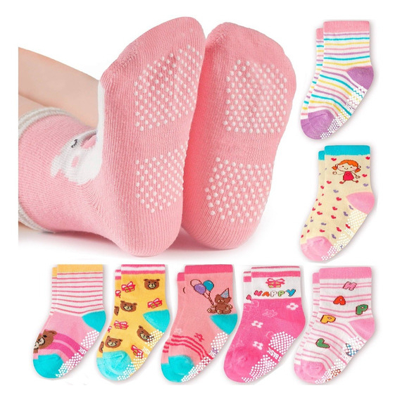 Kit 6 ou 12 Pares Meias Infantil Menina c/ Antiderrapante 2 a 8 anos