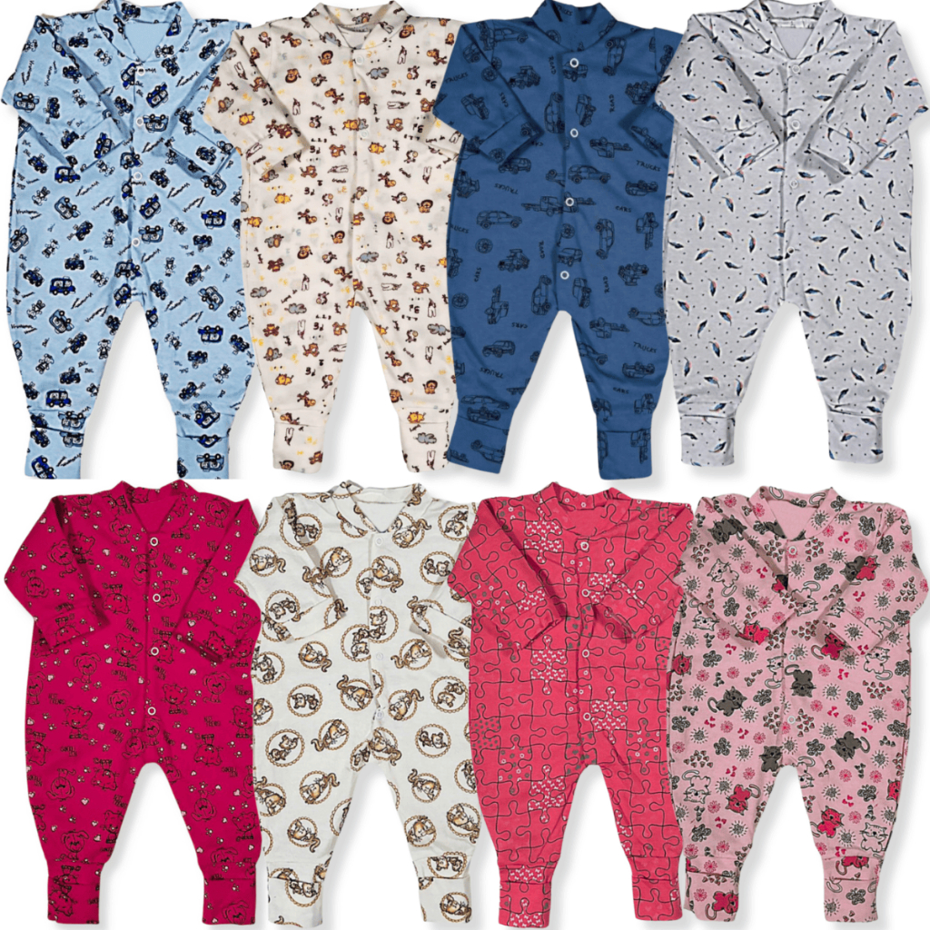 Kit 4 Peças Macacão Bebe Malha Estampado Menina E Menino