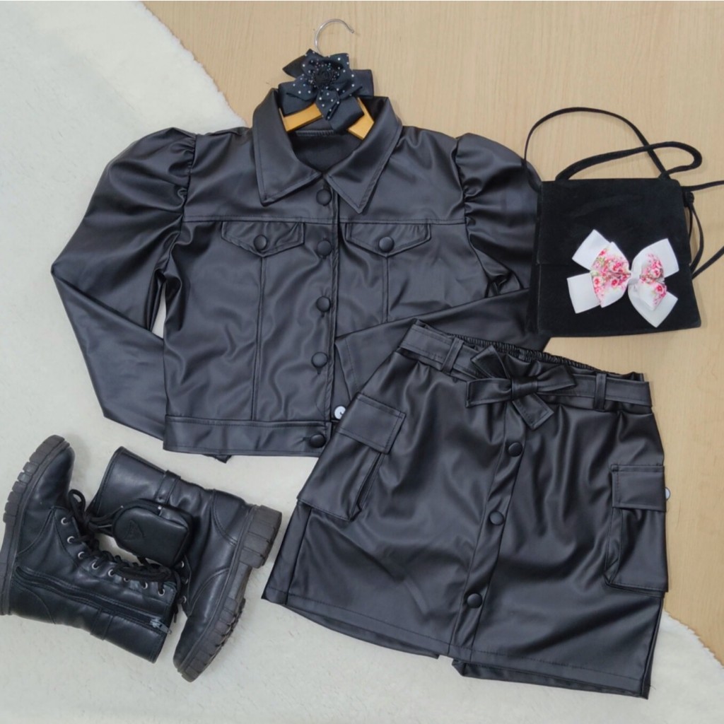 Conjunto de Jaqueta com Short Saia 4-14 Anos Modelo Feminino infantil Moda Blogueirinha Couro Sintético