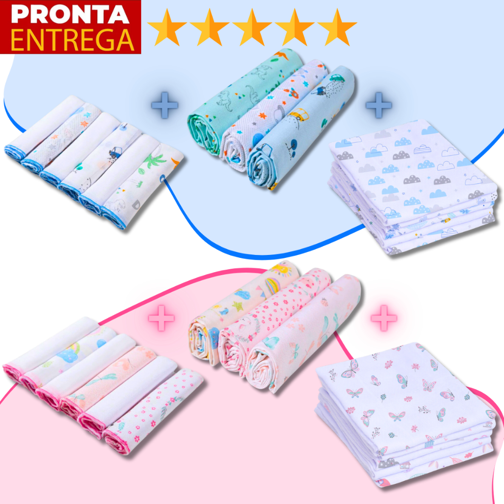 Kit 14 Peças Enxoval Bebe 3 Cueiros 6 Paninhos De Boca E 5 Fraldas 100% Algodão Flanelado Estampado