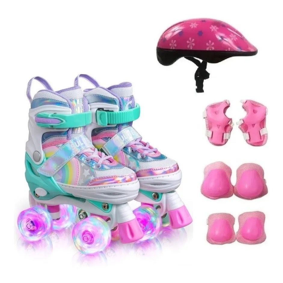 Patins 4 Rodas ARCO ÍRIS Com Luz De Led E Glitter Top modelos NOVAS VARIA