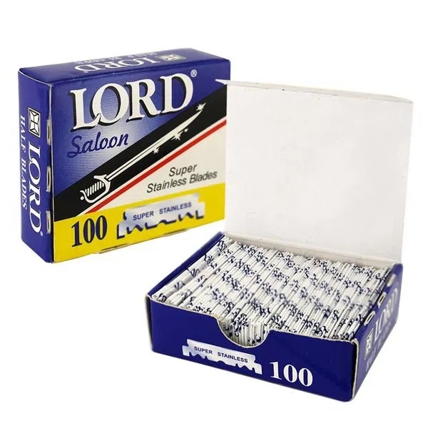 Lâmina Barbear LORD AZUL (meia) - 100 lâminas Navalha Cortada Aço Inox