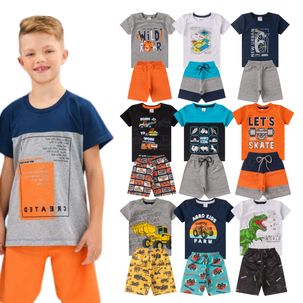 Kit de 2, 4 ou 10 Peças Roupa Infantil Menino Conjunto Verão Criança Masculino Tamanho 1 ao 16