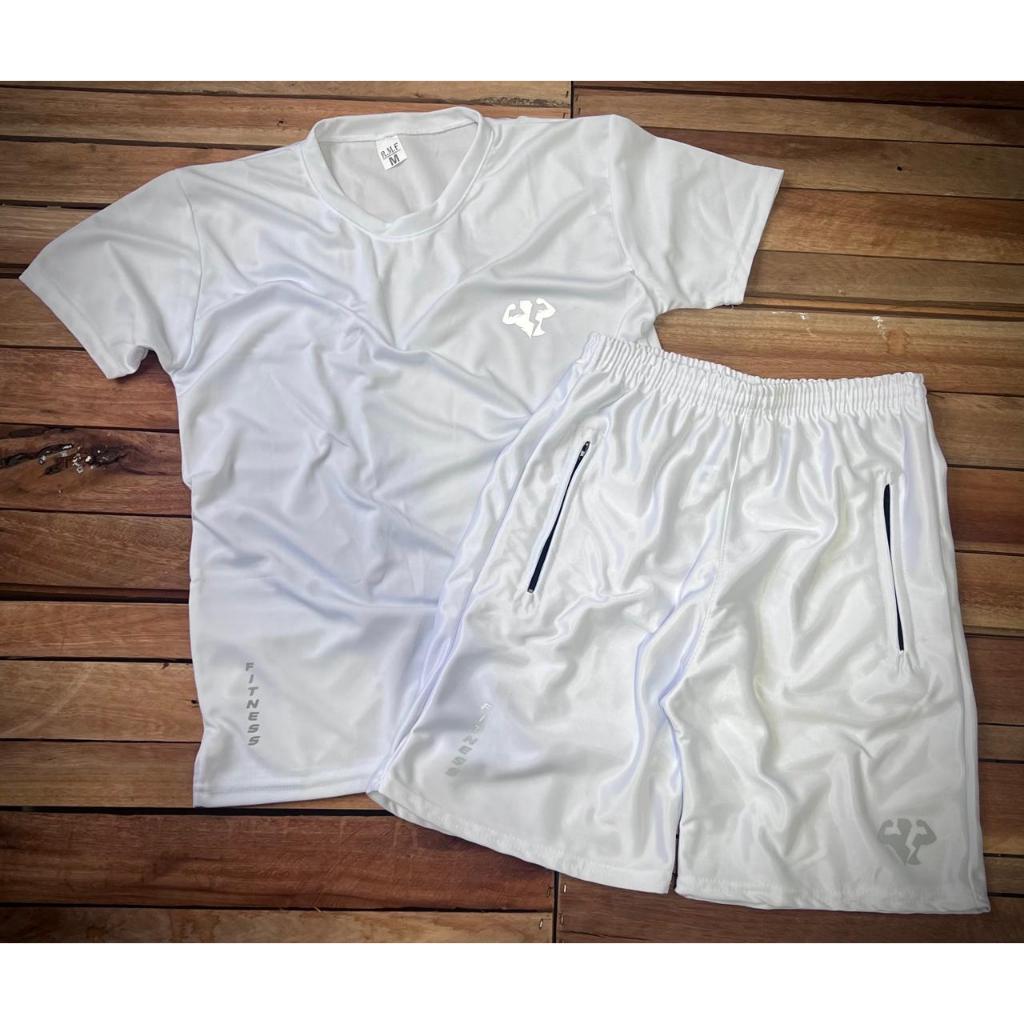 Kit Masculino Para Treinar Todo Branco Camisa e Bermuda Fitness - Pronta Entrega Envio Imediato Diversas Cores Promoção