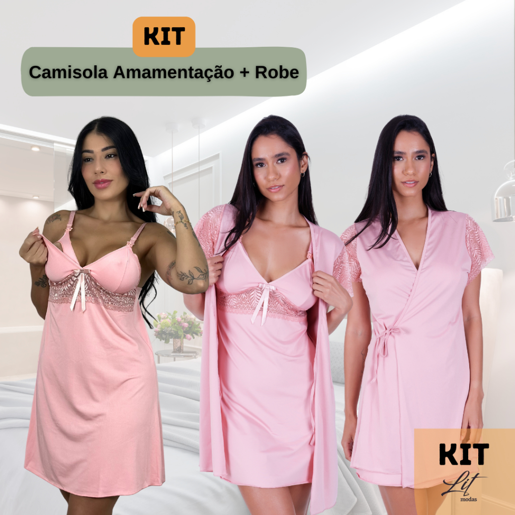 KIT com 2 Peças - Robe e Camisola Amamentação Saída Maternidade Renda Conforto - BeLIT Linha Noite