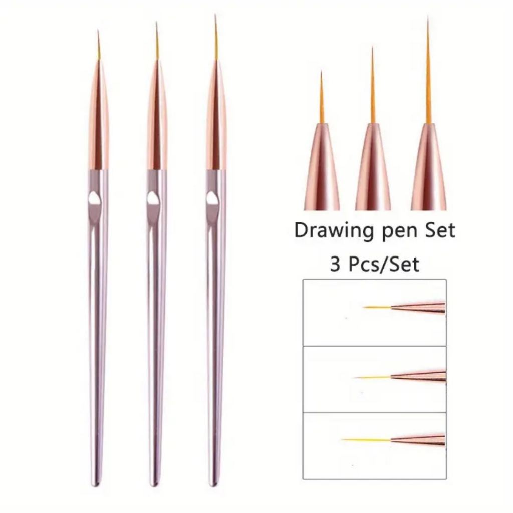 Kit de 3 Pinceis Fino para Decoração Unha Nail Art Rose Perolado Helen Color