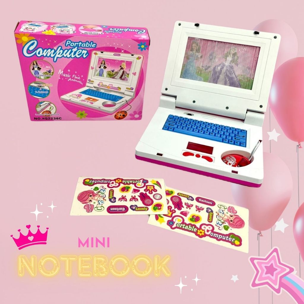 Mini notebook infantil laptop de brinquedo musical com luzes princesas