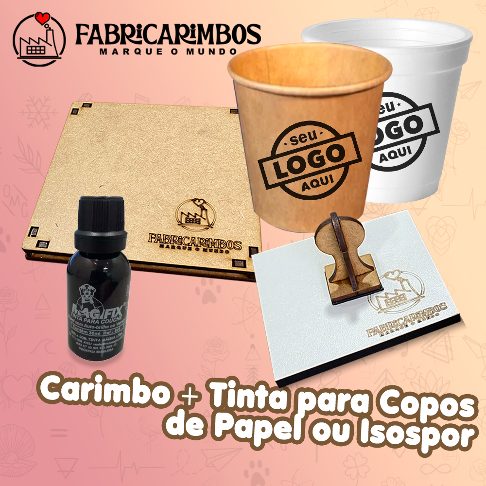 Kit Carimbo para Copo + Carimbeira + Tinta - Personalizado p/ Copos de Papel Biodegradável ou Isopor