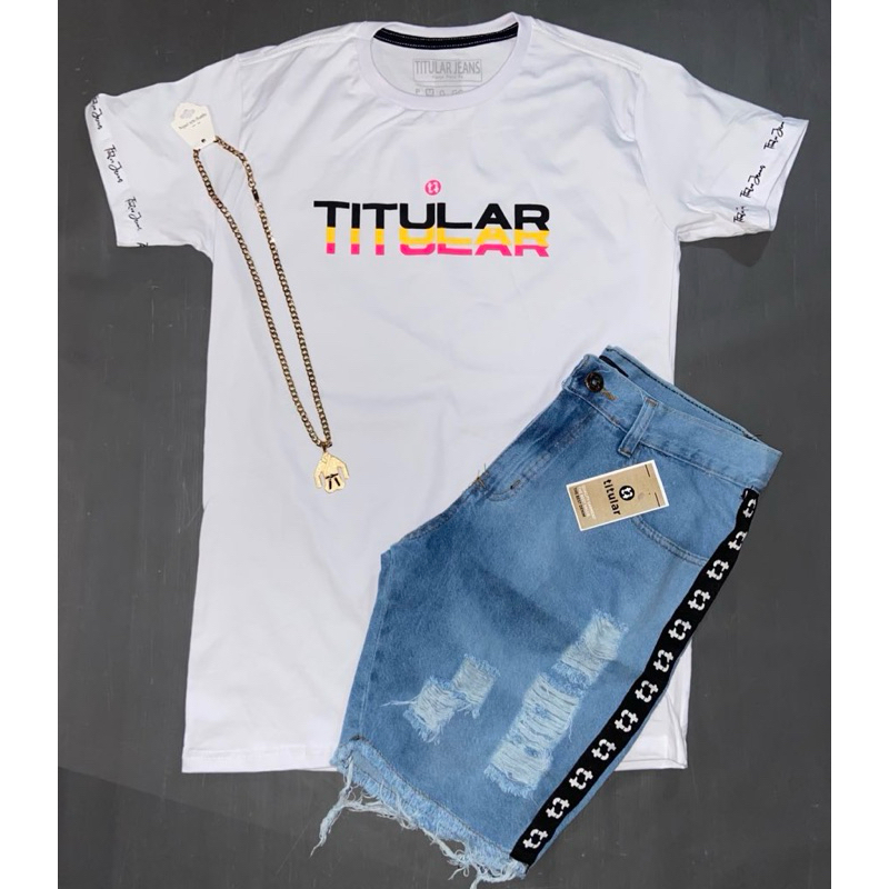 Conjunto Titular Jeans (camisa estilo jogador + short jeans + cordão)