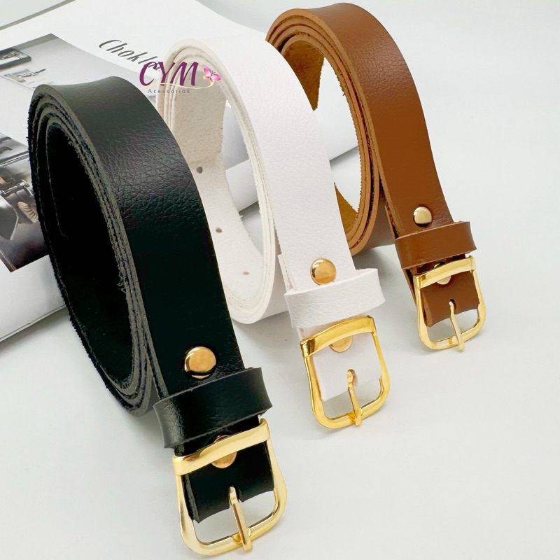 Kit 3 Cintos Feminino fivela dourado 1.8cm largura preto branco e caramelo