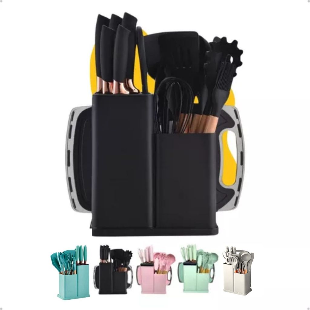 Kit Completo Jogo Utensílios de Cozinha Luxo 19 Peças Com Tábua em Silicone Espátula Faca Tesoura