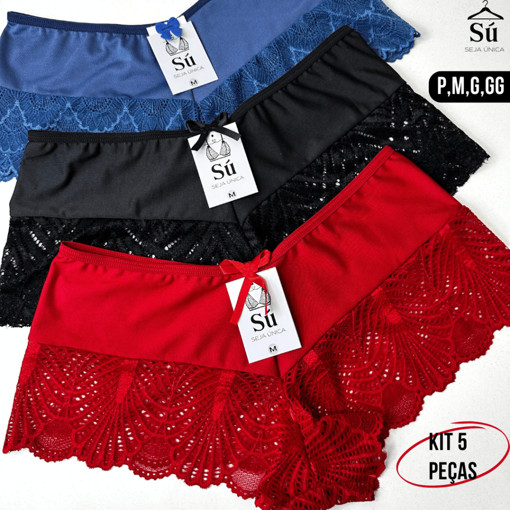 Kit 5 ou 3 Calcinhas Luxo Renda Box Shortinho Cueca Feminina Forro Algodão Conforto Seja Única