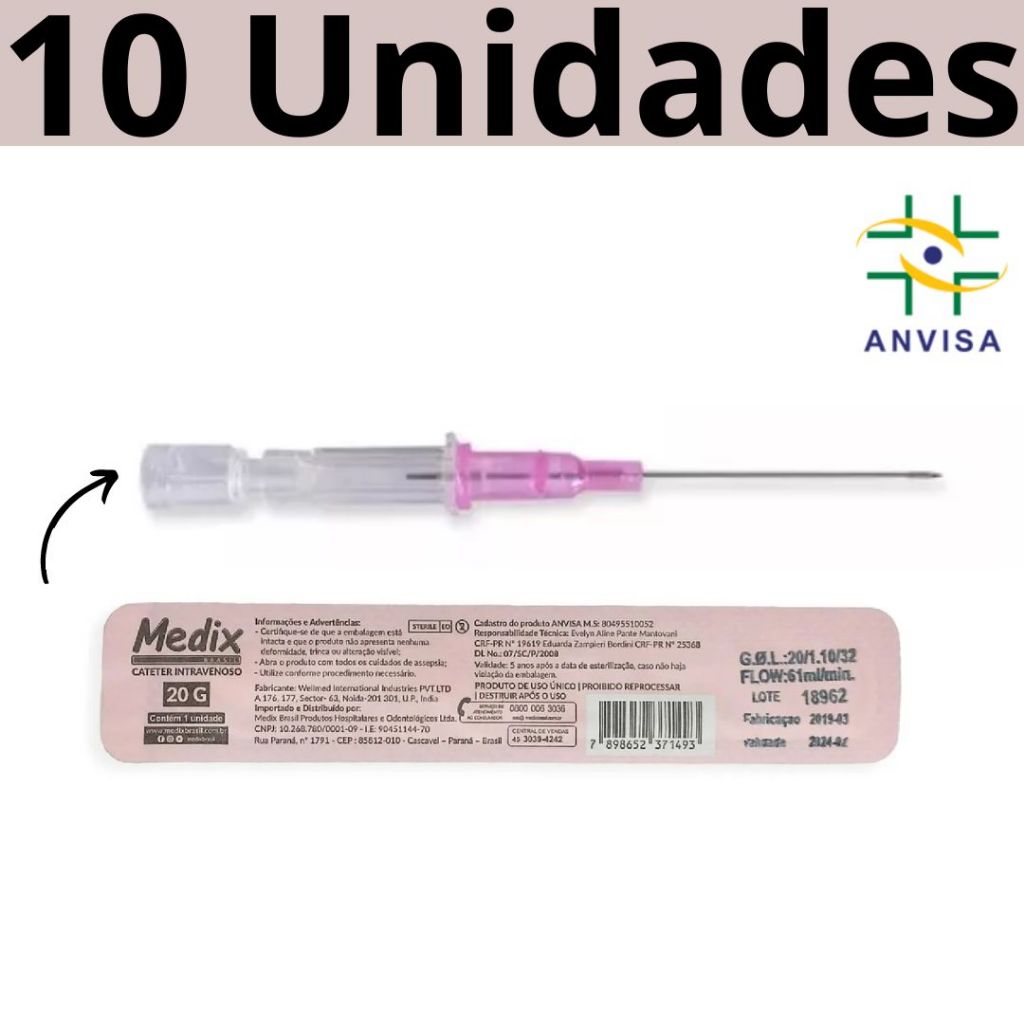 Cateter n 20 Body Piercing Intravenoso Periférico Jelco 10 Unidades