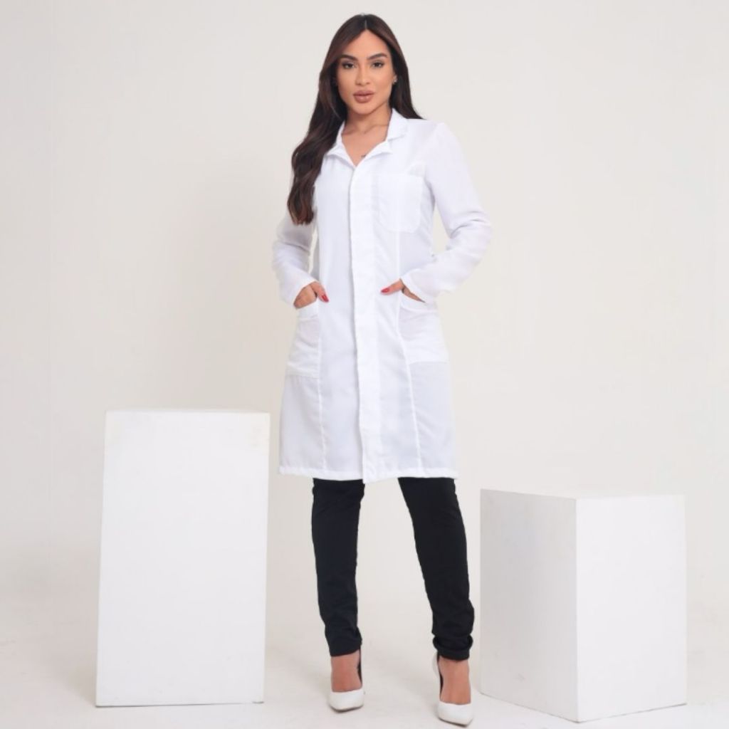 Jaleco Feminino Oxford Premium Branco Botão Embutido Gola Blazer Acinturado Manga Longa