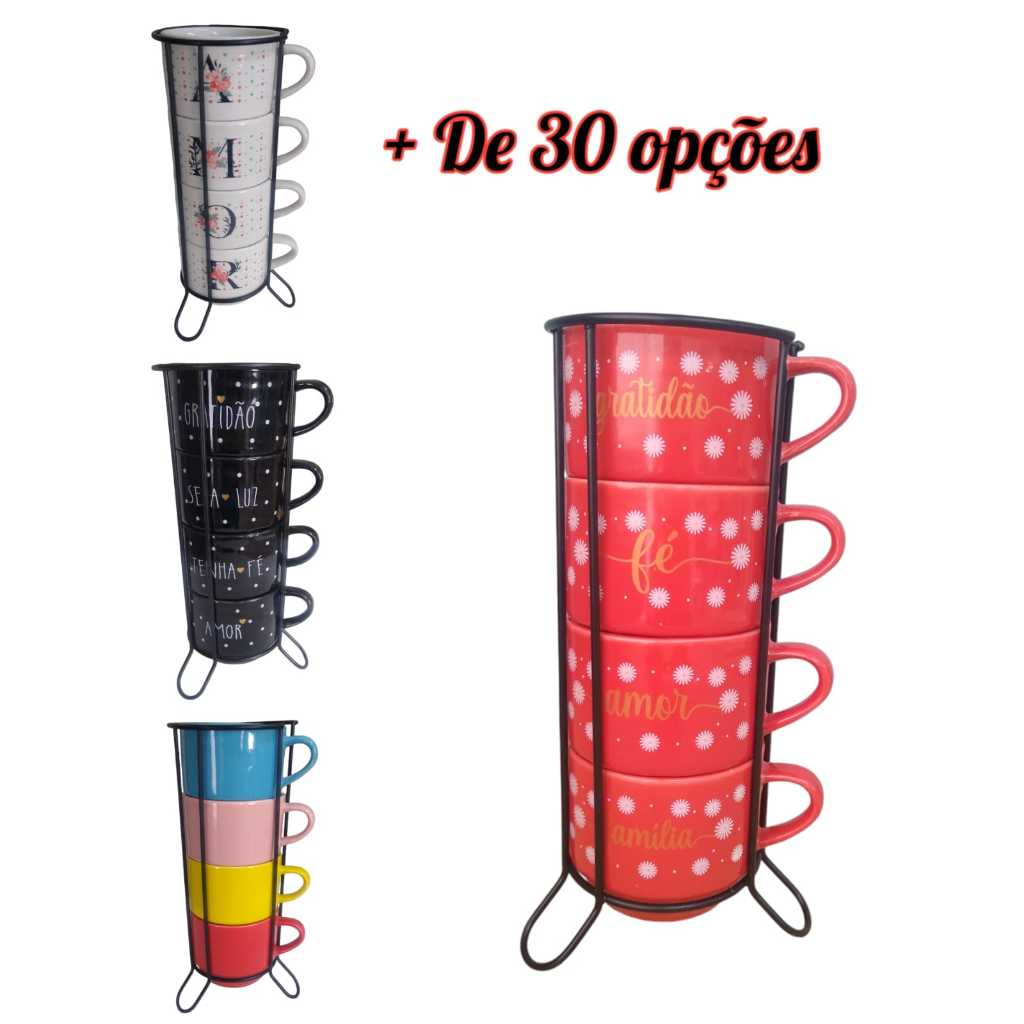 Kit Jogo 4  Xicaras canecas Porcelana empilhável Café Chá presente