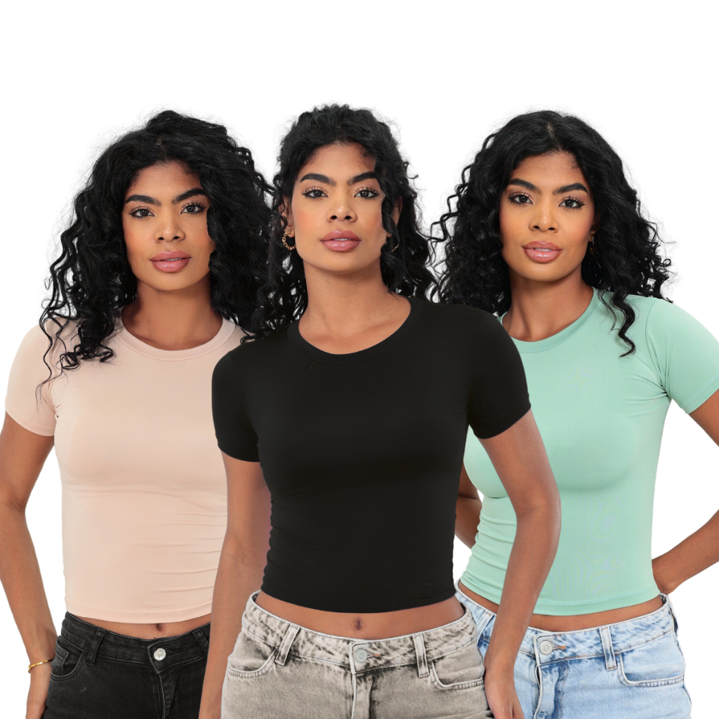 KIT 3: Baby Tee Feminina - Blusa Slim Fit Manga Curta - Blusa de Compressão