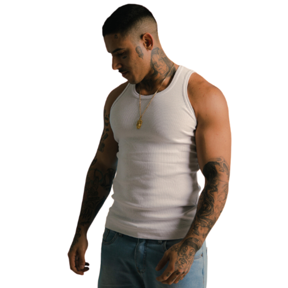 Regata Masculina Branca Preta de Academia Justa Canelada Estilo Americana Hip Hop Rapper