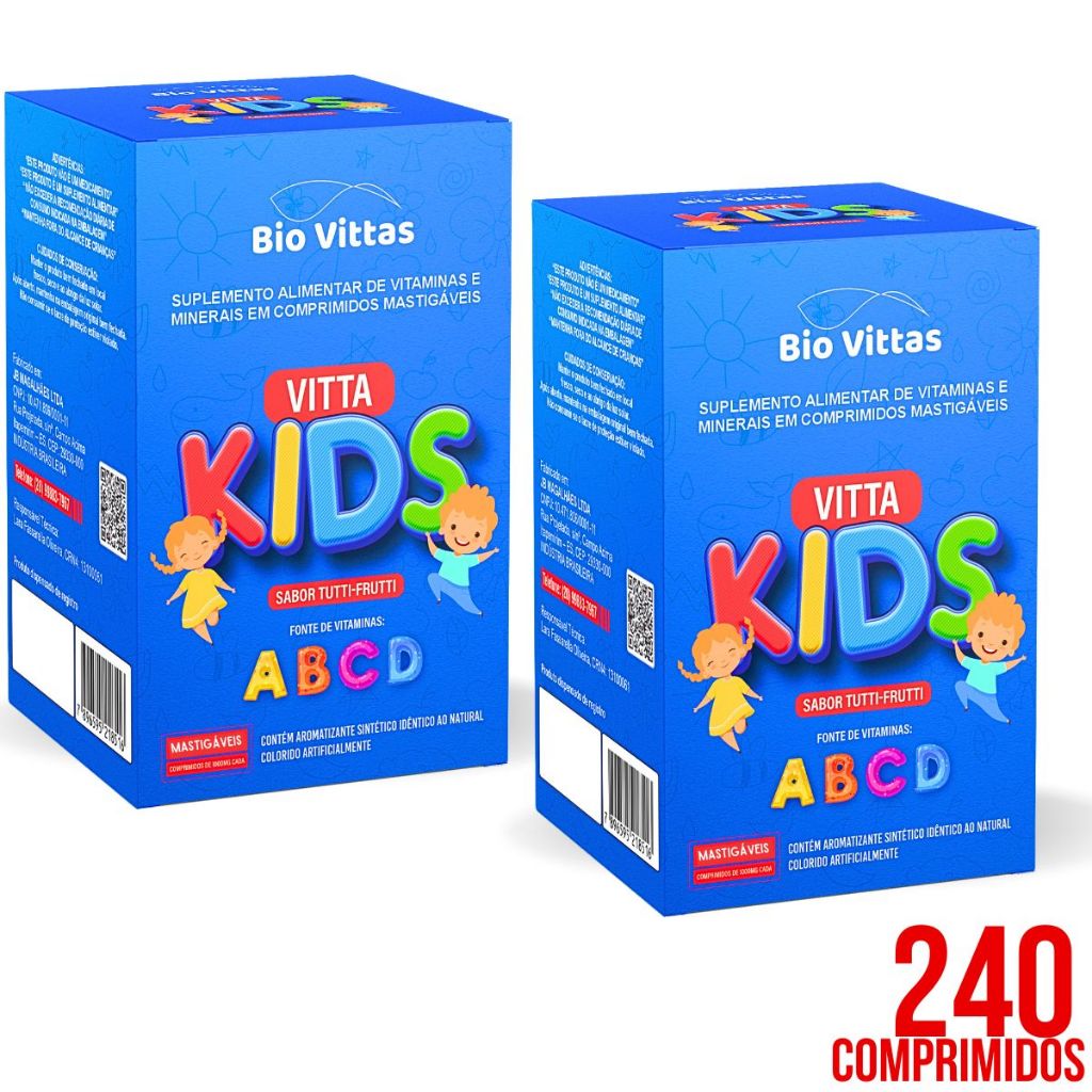 Kit 2 Vitamina Infantil+ Imunidade + Apetite - Mastigável VittaKids Tutti Fruti 120 Comprimidos - Bio Vittas