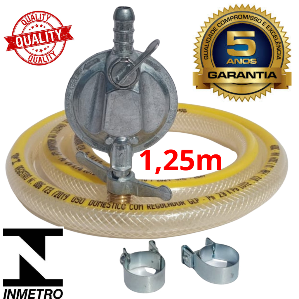 Kit Registro Regulador Gás de Cozinha para Botijão P13 Com Mangueira 1,25m e 2 Abraçadeiras