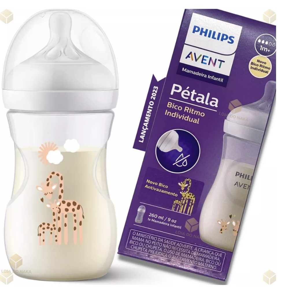 1un Mamadeira Avent Pétala  260ml Transparente - Girafa