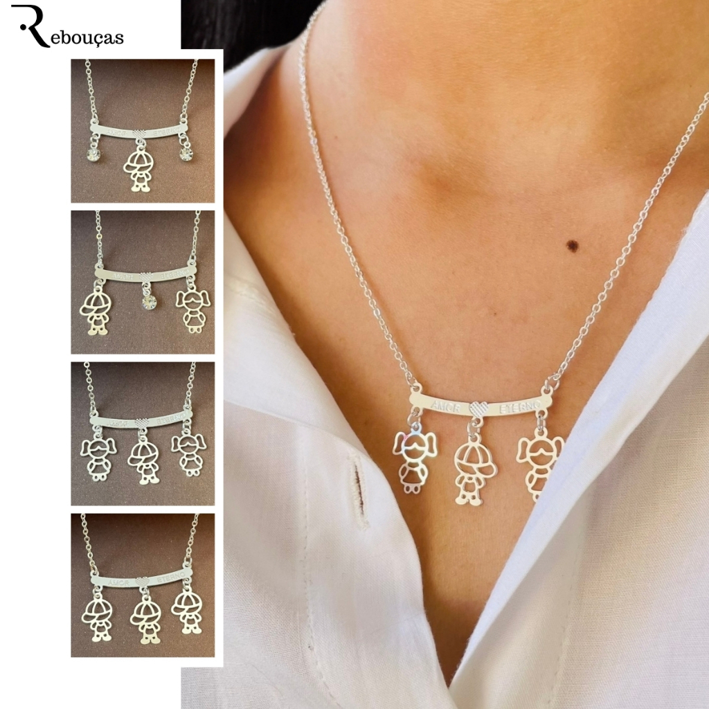 Rebouças Store Colar FIlhos Casal Menino Meninas Folheado A Prata 925 Ref. CFFP-0023 Mulheres