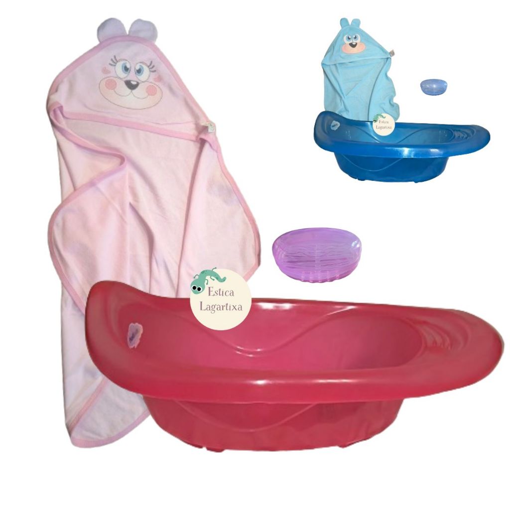 Kit Banho Bebe Banheira Toalha Saboneteira Menino Menina